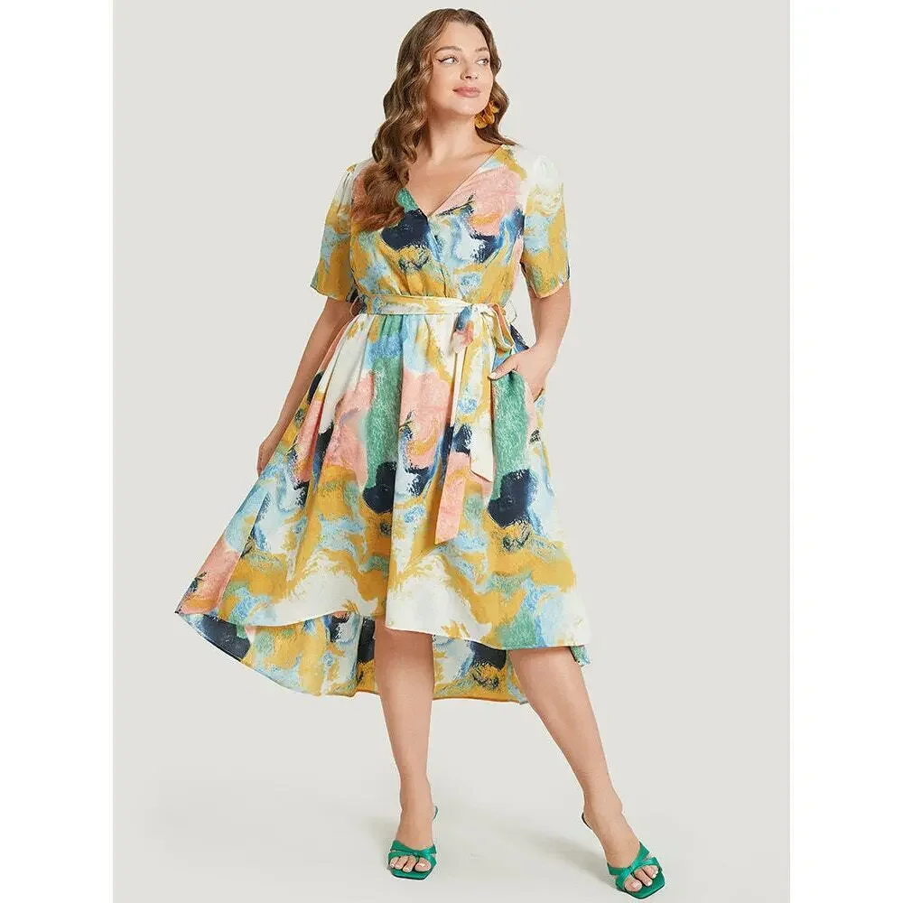 🔥SALE 22 24 3X BloomChic 3X Tie Dye Ruffle Wrap Dress High Low Belted Plus Size
